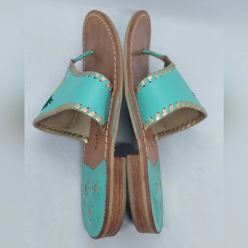 Jack Rogers Sandals Embroidered Pineapple Turquoise Leather Women's Size 9